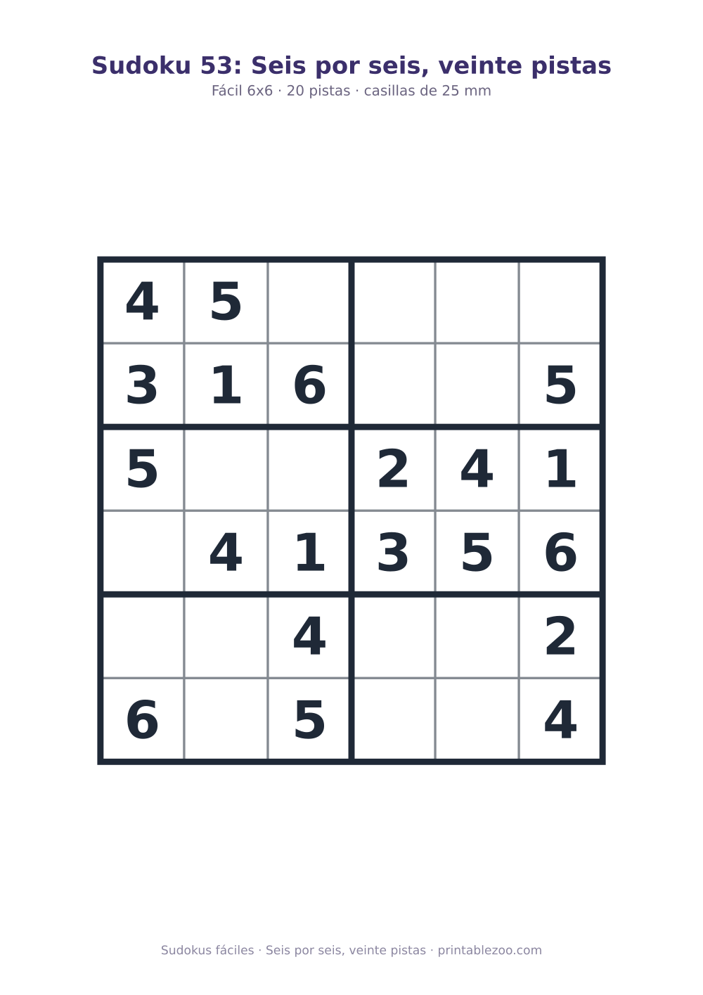 Sudoku fácil de 6x6 para imprimir con 20 pistas, seis por seis, veinte pistas