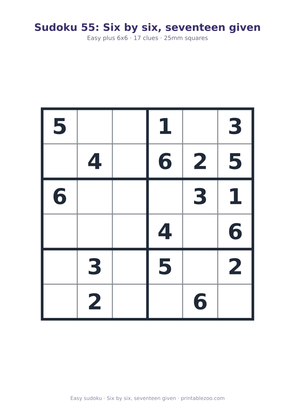 Printable easy 6x6 sudoku with 17 clues, six by six, seventeen given