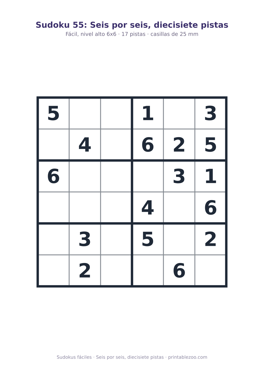 Sudoku fácil de 6x6 para imprimir con 17 pistas, seis por seis, diecisiete pistas