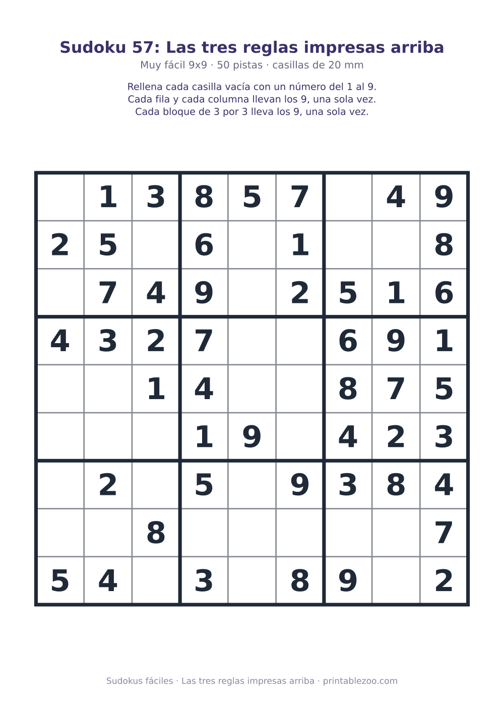 Sudoku fácil de 9x9 para imprimir con 50 pistas, las tres reglas impresas arriba