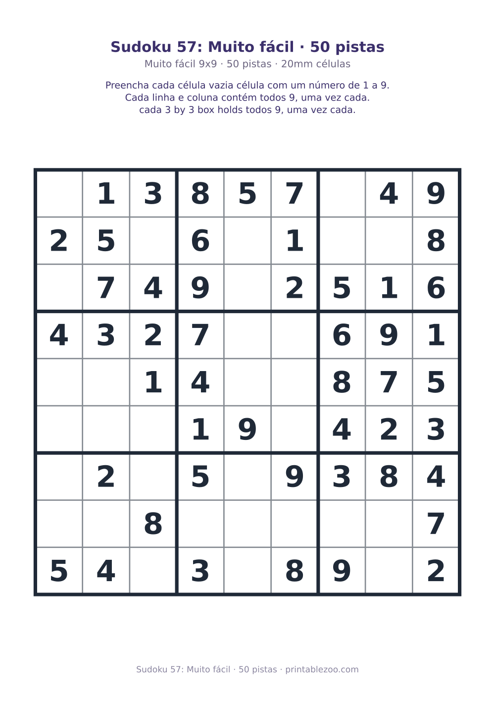 Prévia pronta para imprimir: Sudoku 57: Muito fácil · 50 pistas, catálogo nº 240127