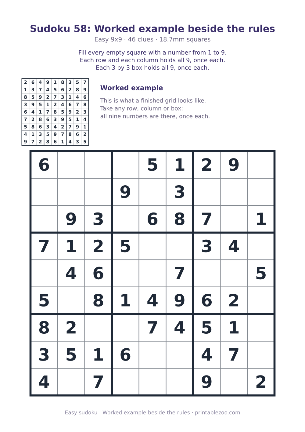 Printable easy 9x9 sudoku with 46 clues, worked example beside the rules