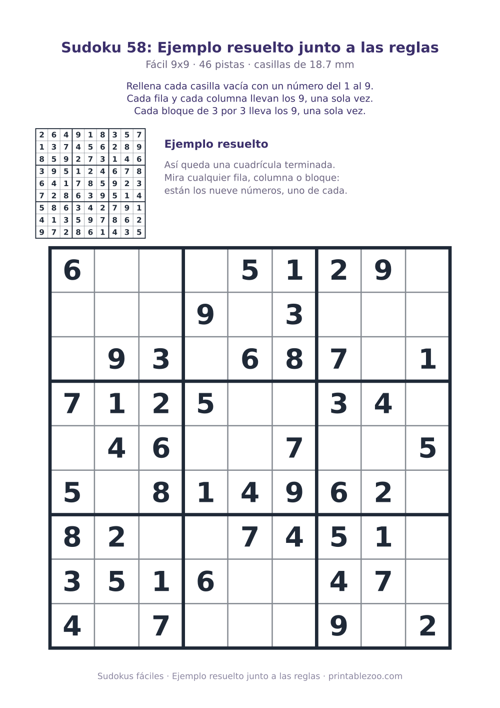 Sudoku fácil de 9x9 para imprimir con 46 pistas, ejemplo resuelto junto a las reglas