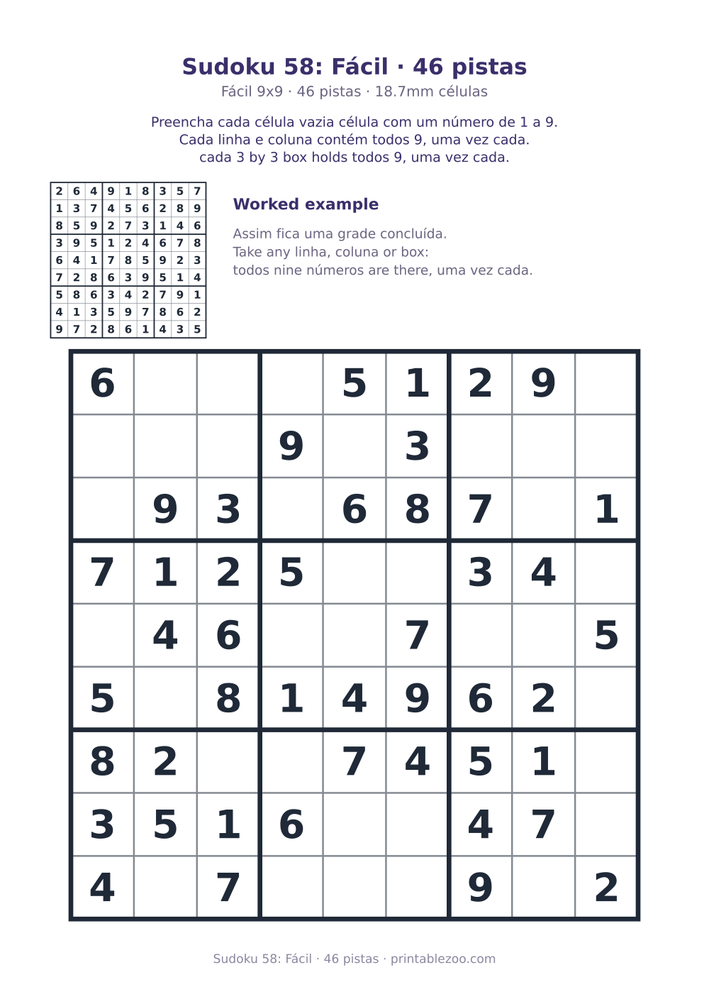 Prévia pronta para imprimir: Sudoku 58: Fácil · 46 pistas, catálogo nº 240128