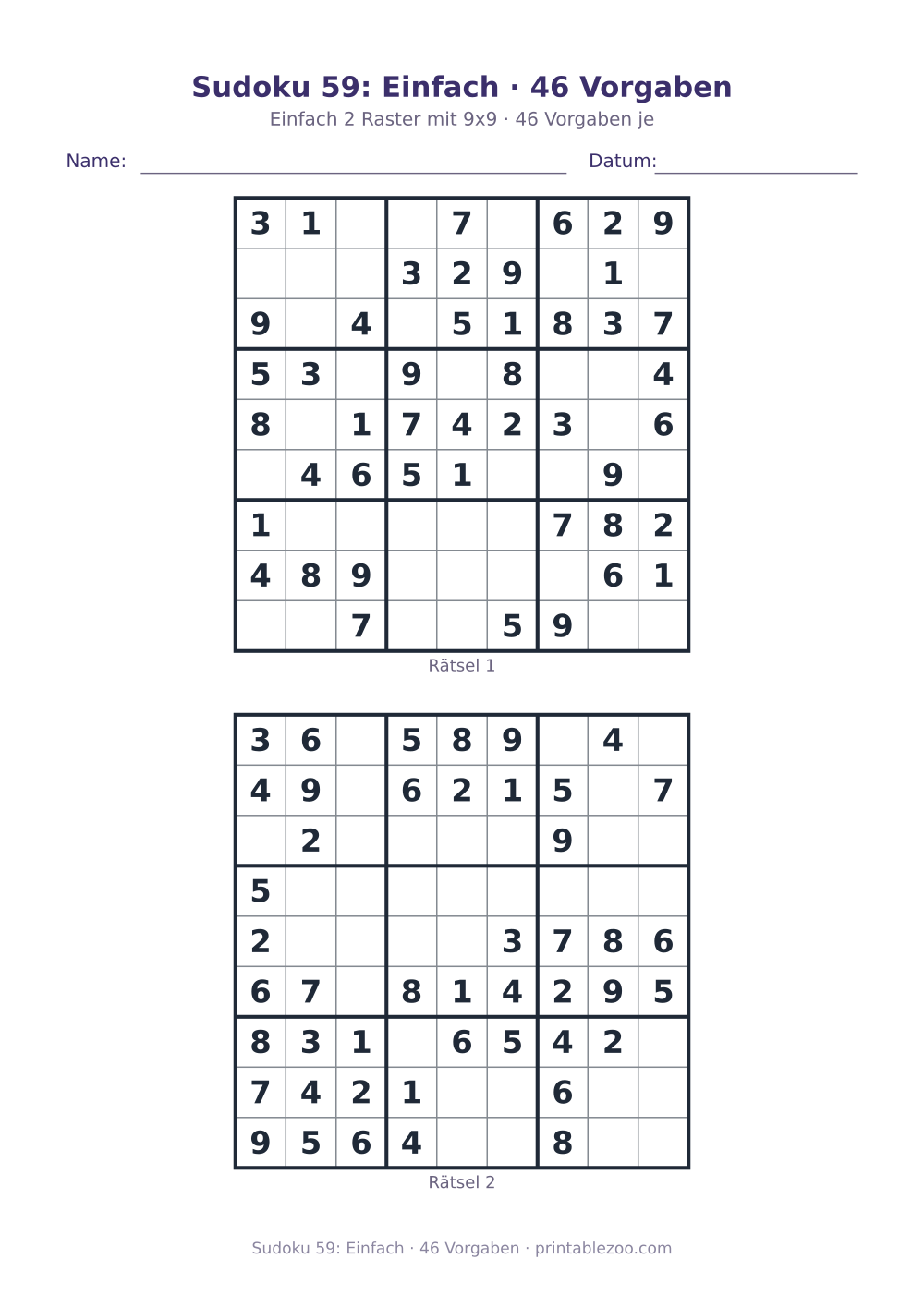 Sudoku 59: Einfach · 46 Vorgaben als druckfertige Vorschau, Katalognummer 240129