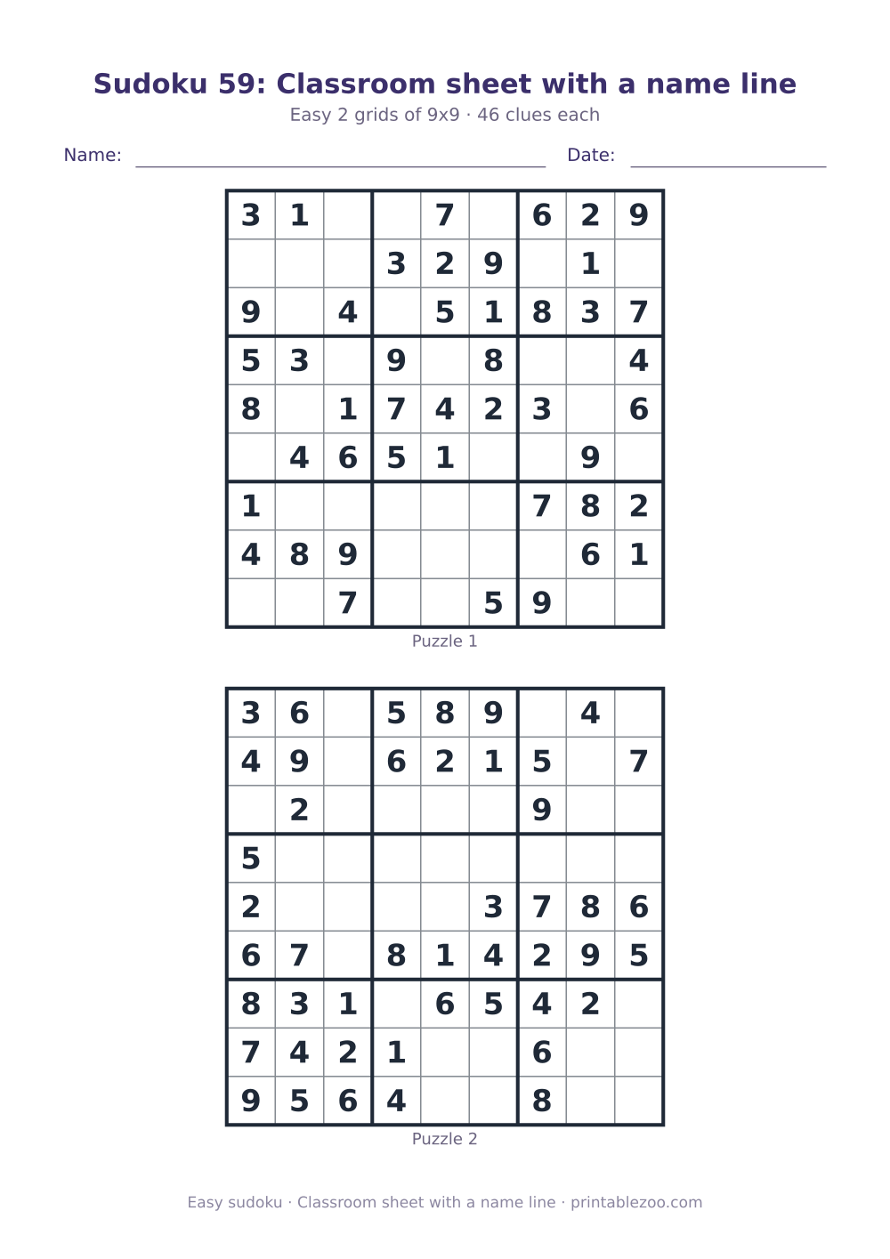 Printable sheet of 2 easy 9x9 sudoku puzzles with 46 clues, classroom sheet with a name line