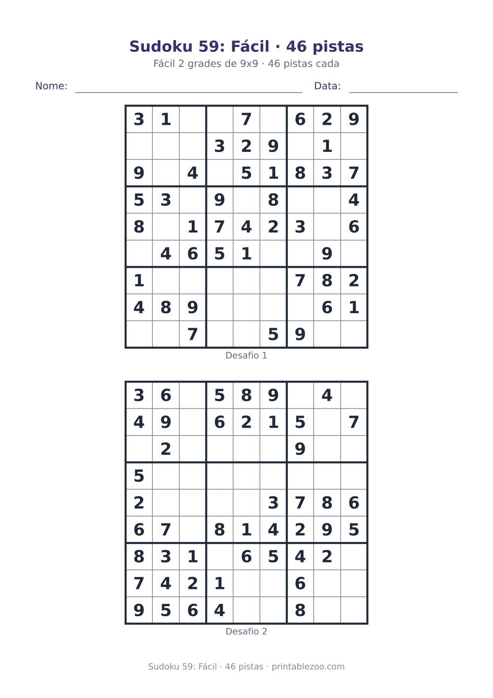 Prévia pronta para imprimir: Sudoku 59: Fácil · 46 pistas, catálogo nº 240129