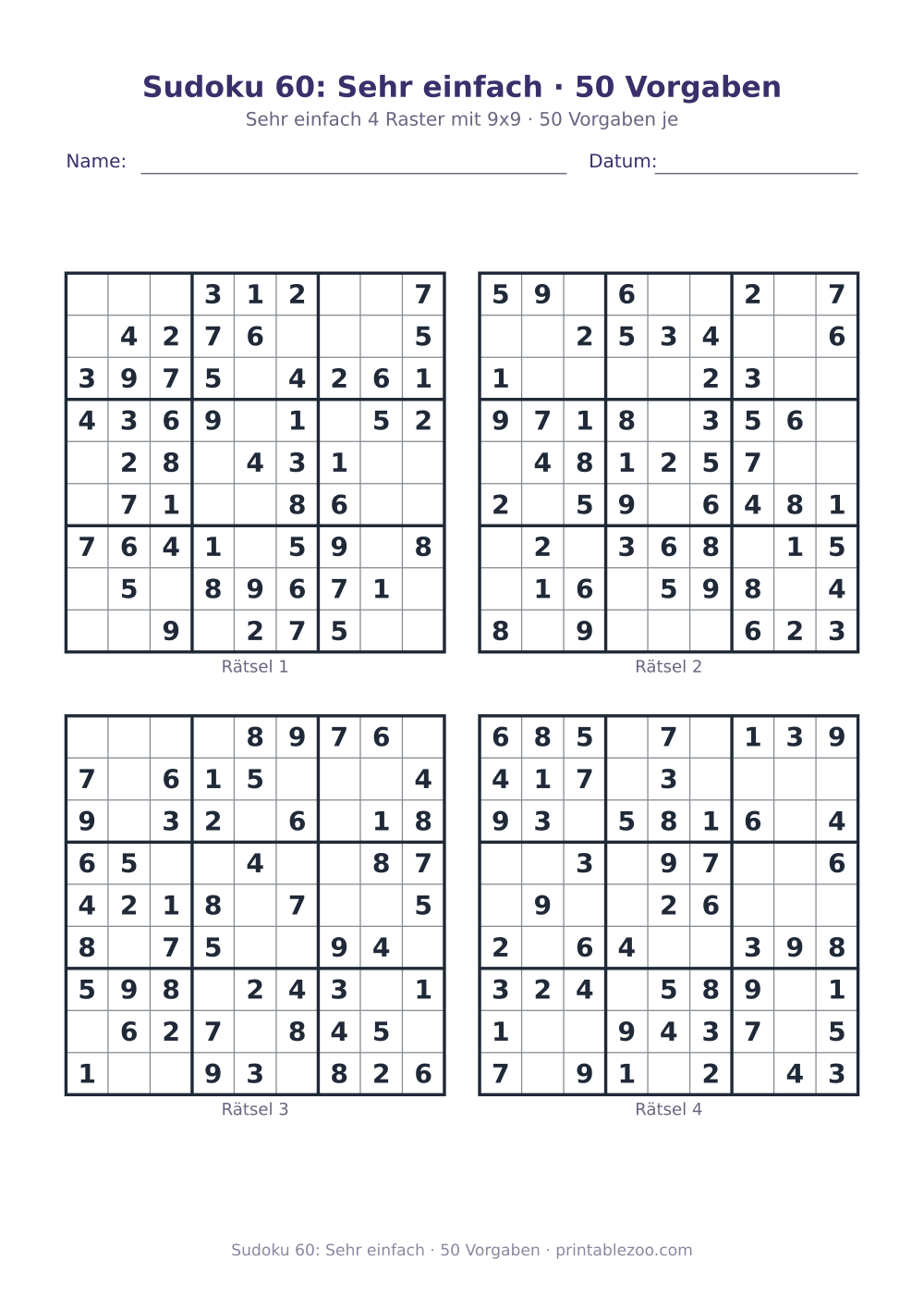 Sudoku 60: Sehr einfach · 50 Vorgaben als druckfertige Vorschau, Katalognummer 240130