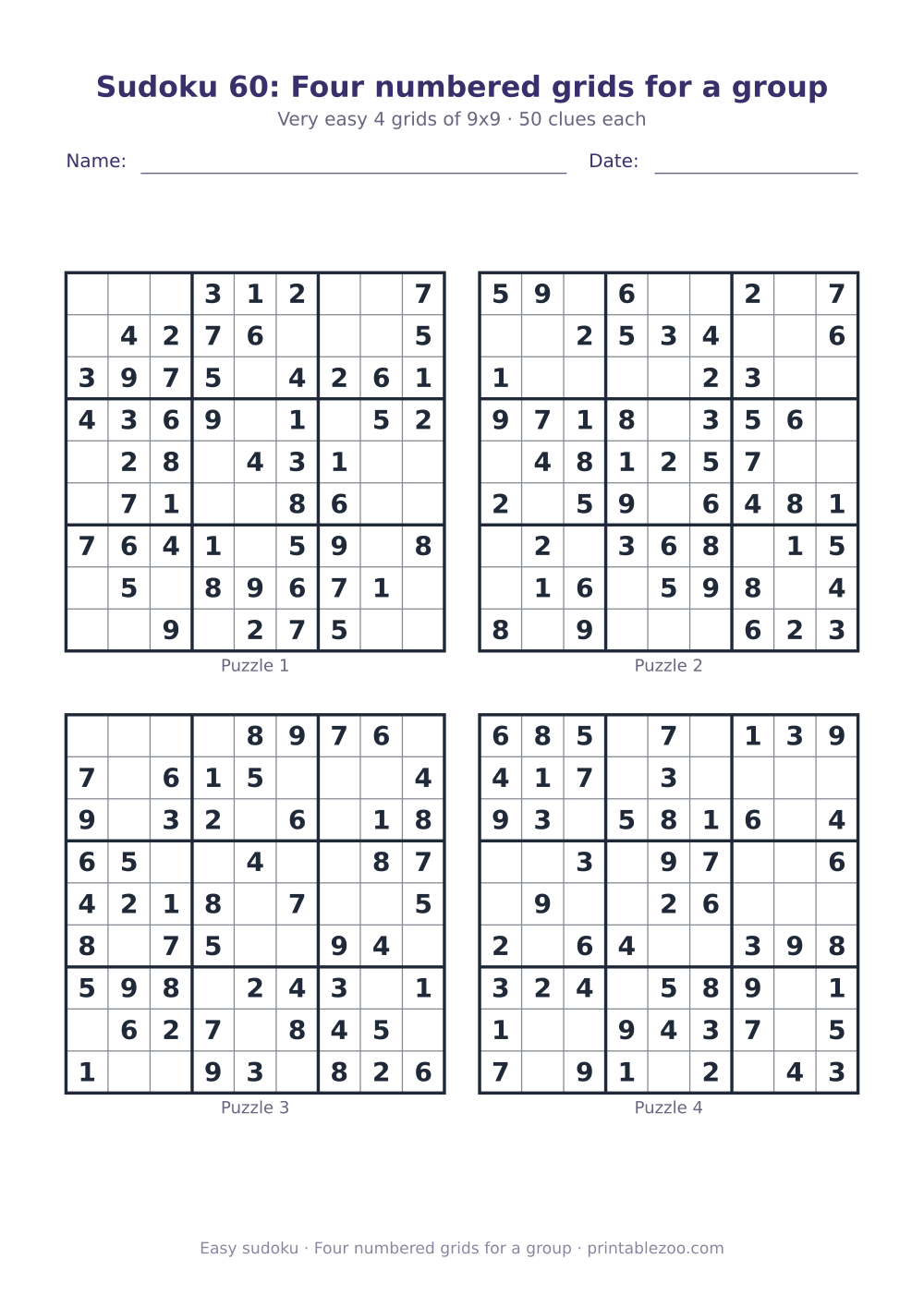 Printable sheet of 4 easy 9x9 sudoku puzzles with 50 clues, four numbered grids for a group