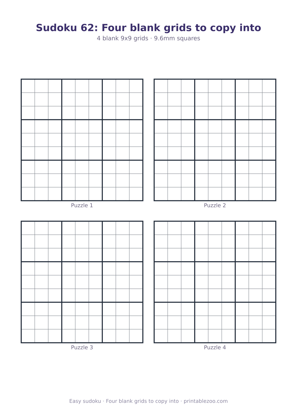 Printable sheet of 4 blank sudoku grids, four blank grids to copy into