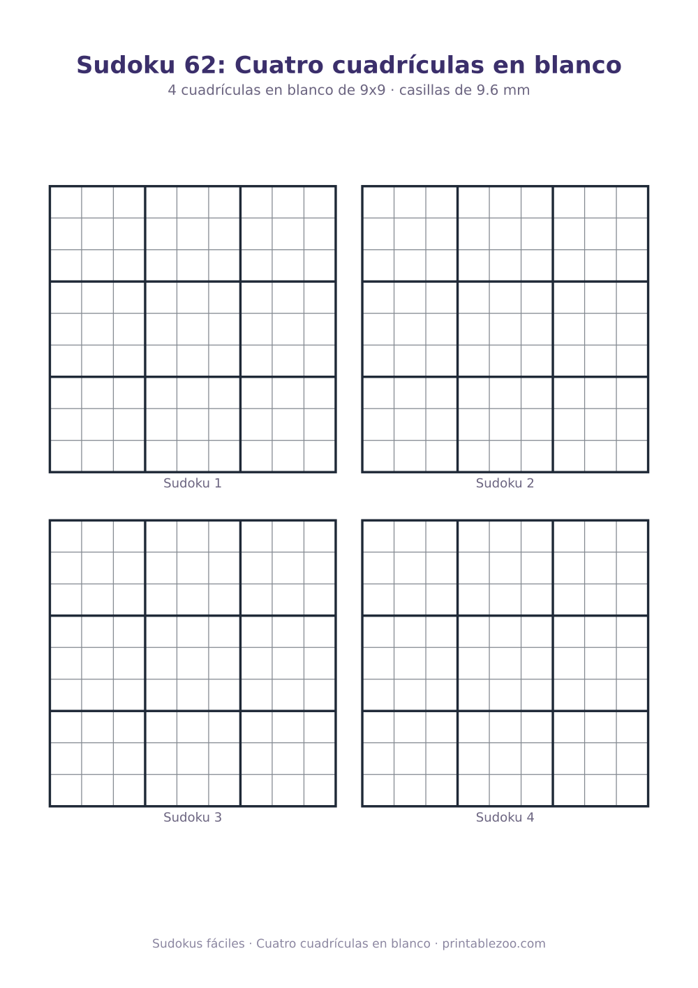 Hoja con 4 cuadrículas de sudoku en blanco para imprimir, cuatro cuadrículas en blanco