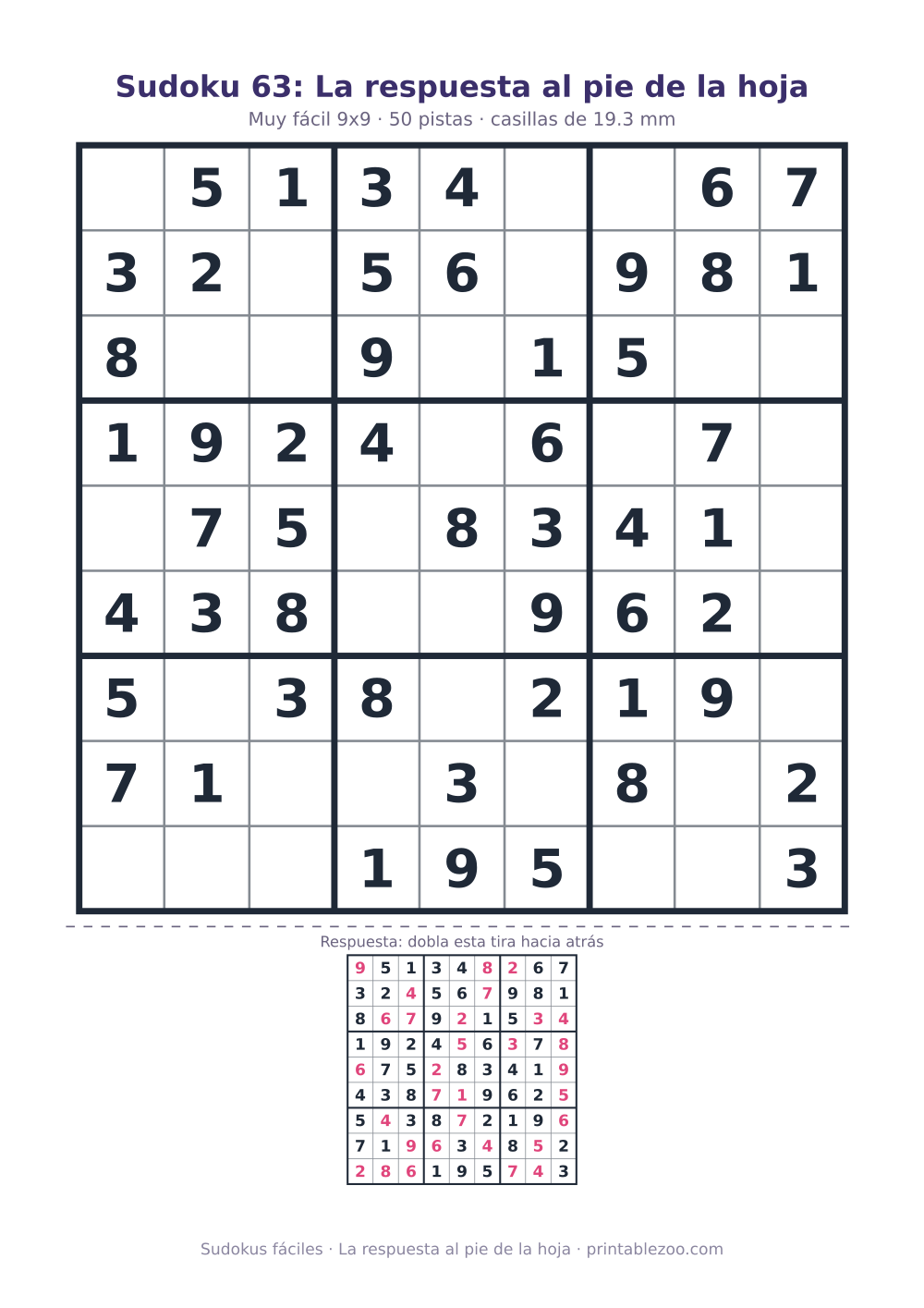 Sudoku fácil de 9x9 para imprimir con 50 pistas, la respuesta al pie de la hoja