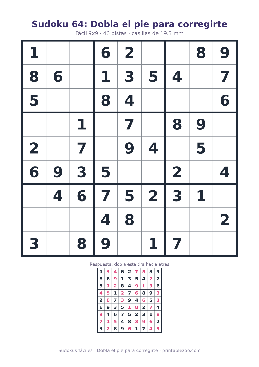 Sudoku fácil de 9x9 para imprimir con 46 pistas, dobla el pie para corregirte