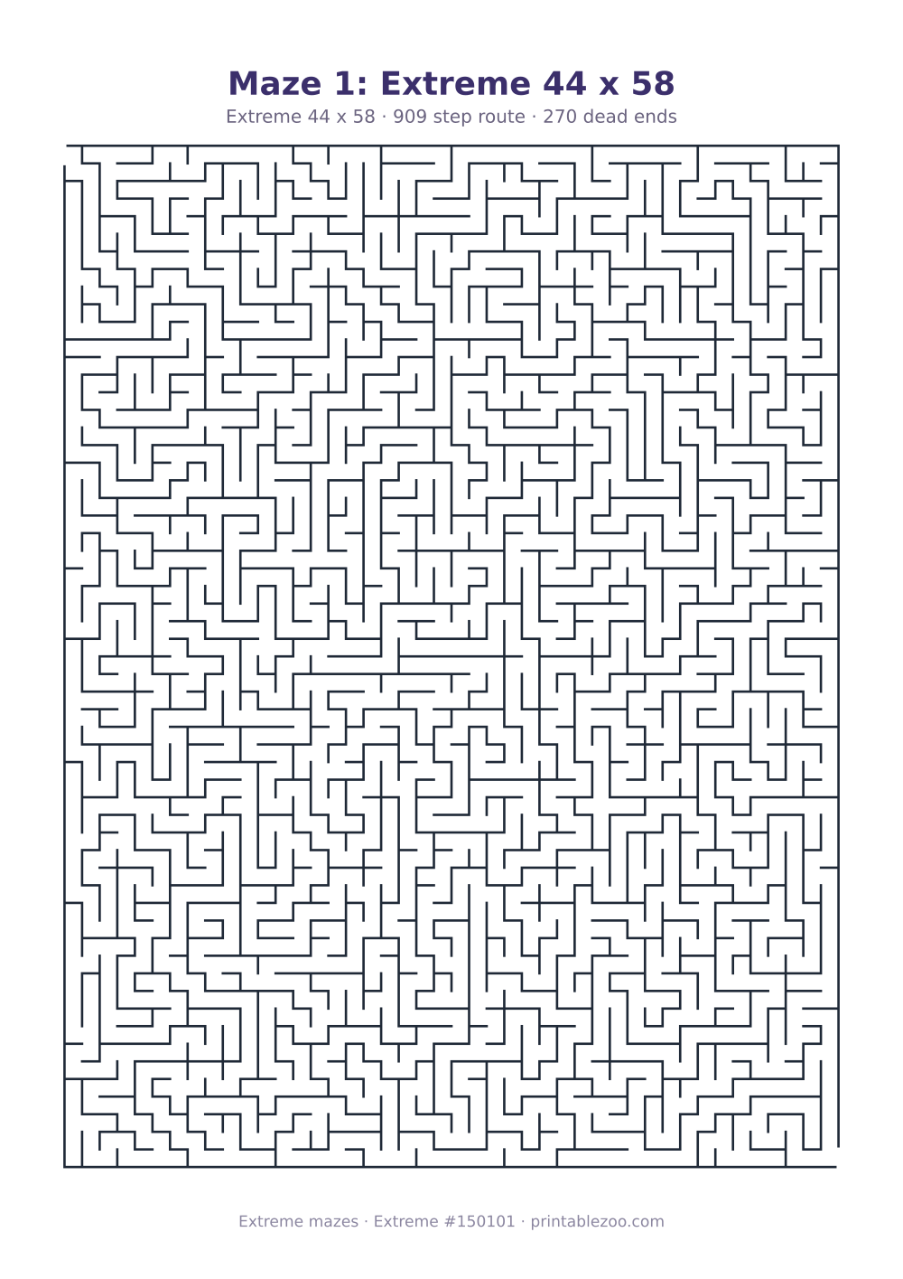 Printable extreme maze, 44x58 squares, 270 dead ends and a 909 step route