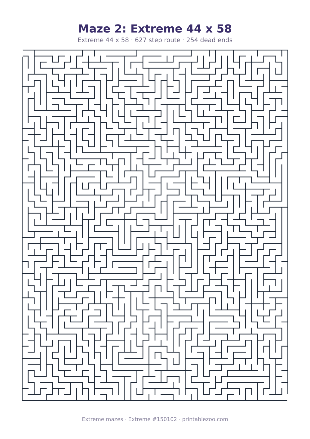 Printable extreme maze, 44x58 squares, 254 dead ends and a 627 step route