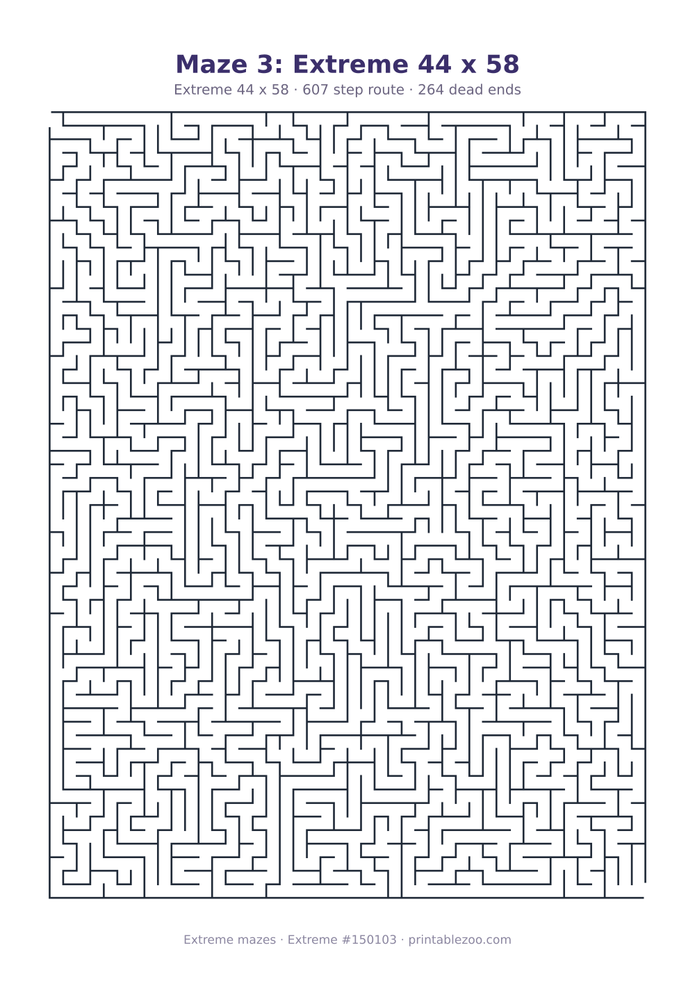 Printable extreme maze, 44x58 squares, 264 dead ends and a 607 step route