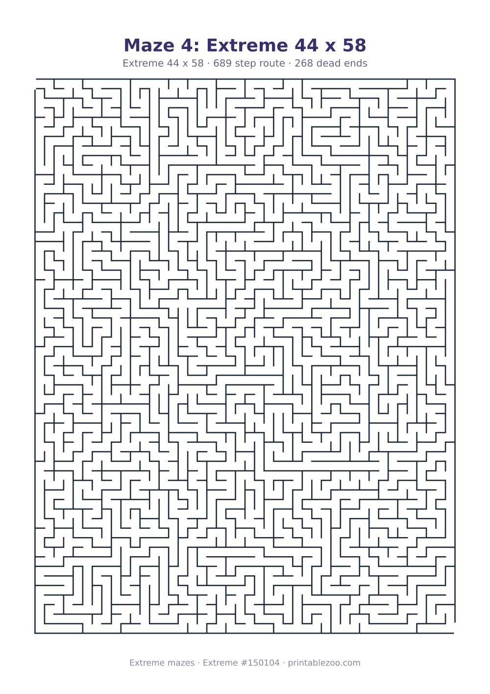 Printable extreme maze, 44x58 squares, 268 dead ends and a 689 step route
