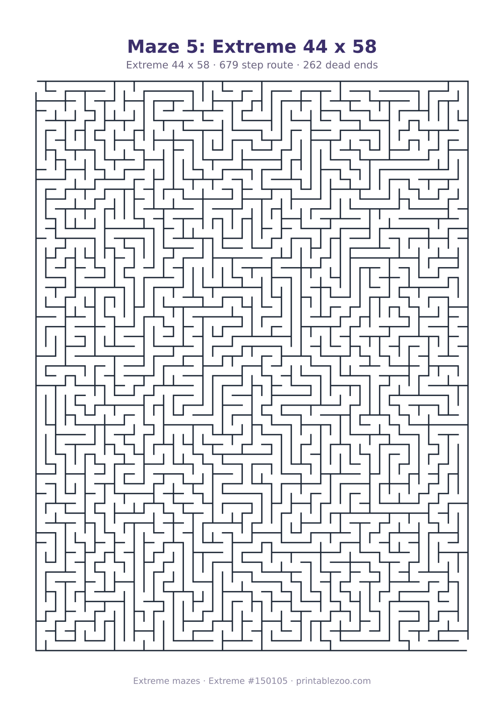 Printable extreme maze, 44x58 squares, 262 dead ends and a 679 step route