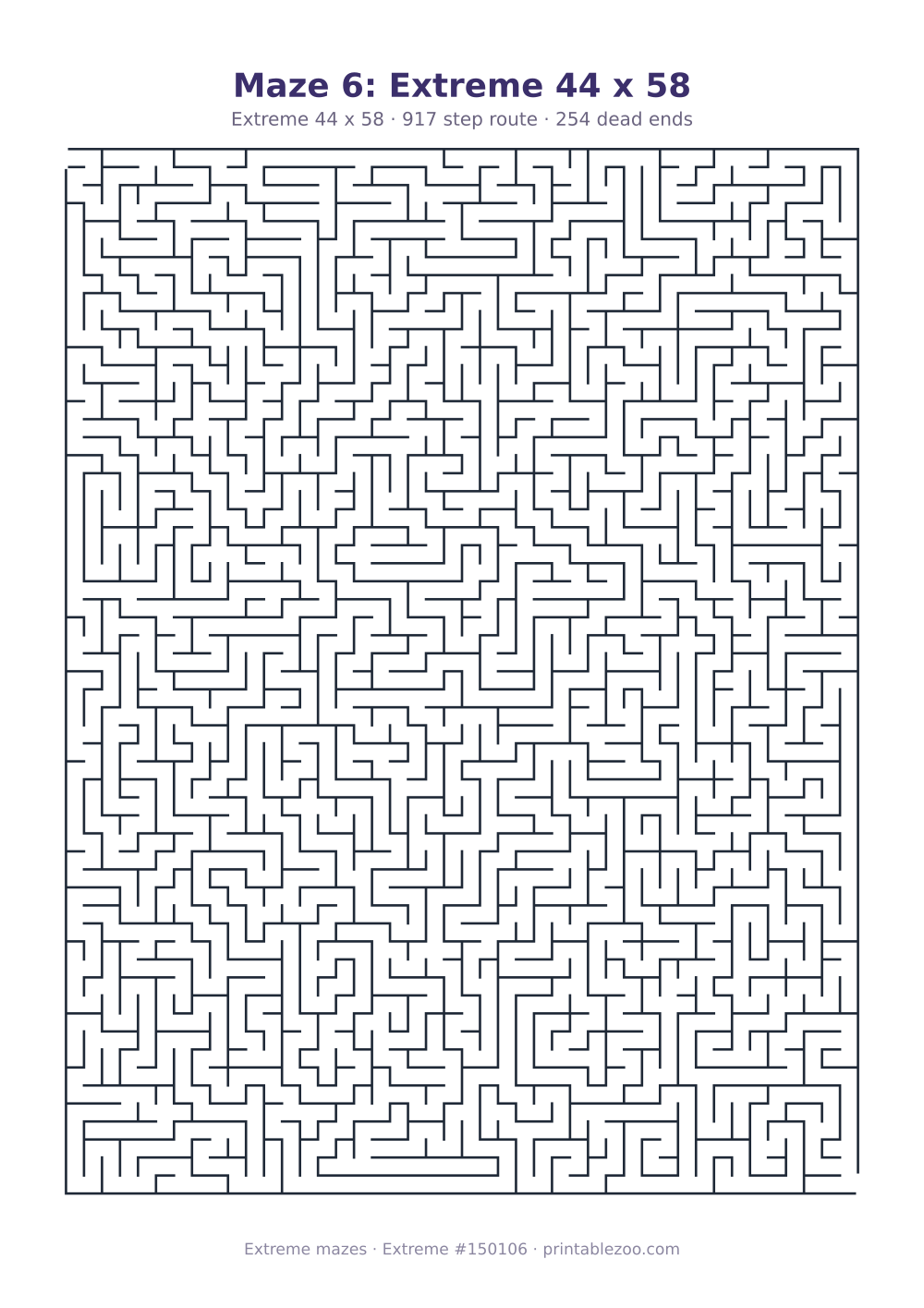 Printable extreme maze, 44x58 squares, 254 dead ends and a 917 step route