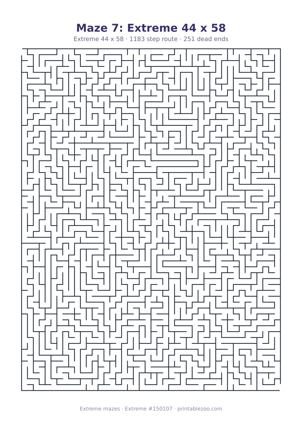 Printable extreme maze, 44x58 squares, 251 dead ends and a 1183 step route
