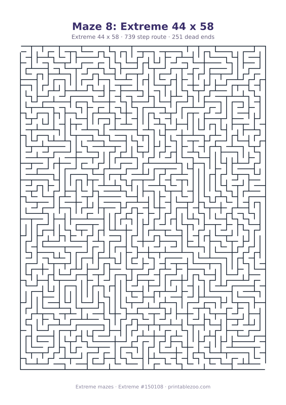 Printable extreme maze, 44x58 squares, 251 dead ends and a 739 step route