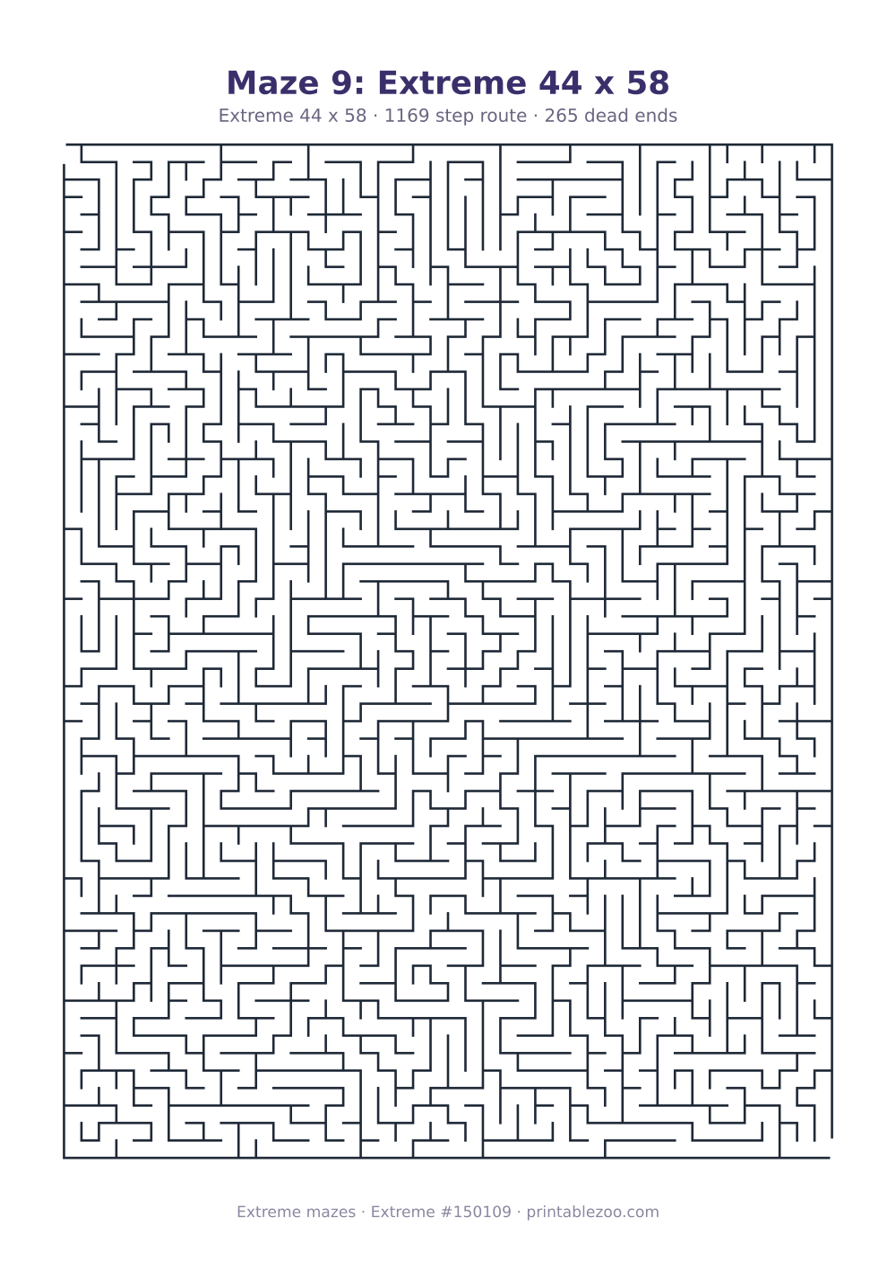 Printable extreme maze, 44x58 squares, 265 dead ends and a 1169 step route