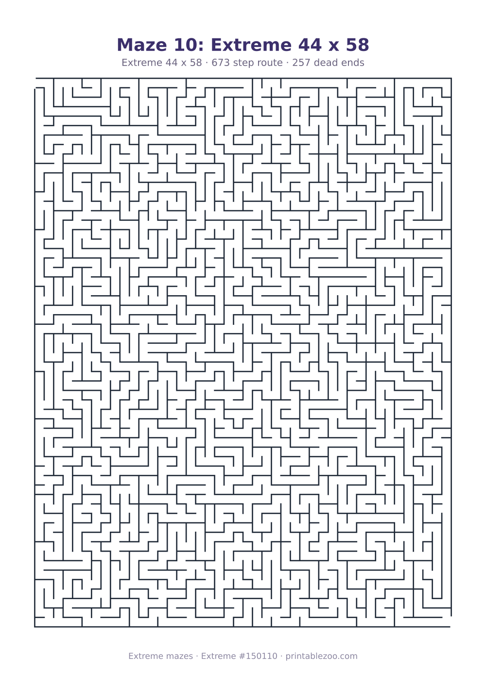 Printable extreme maze, 44x58 squares, 257 dead ends and a 673 step route