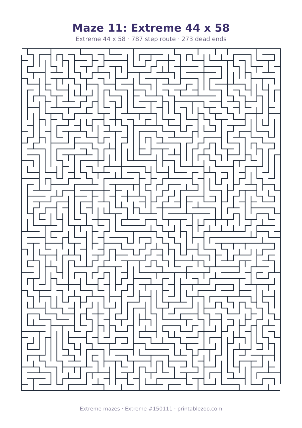 Printable extreme maze, 44x58 squares, 273 dead ends and a 787 step route