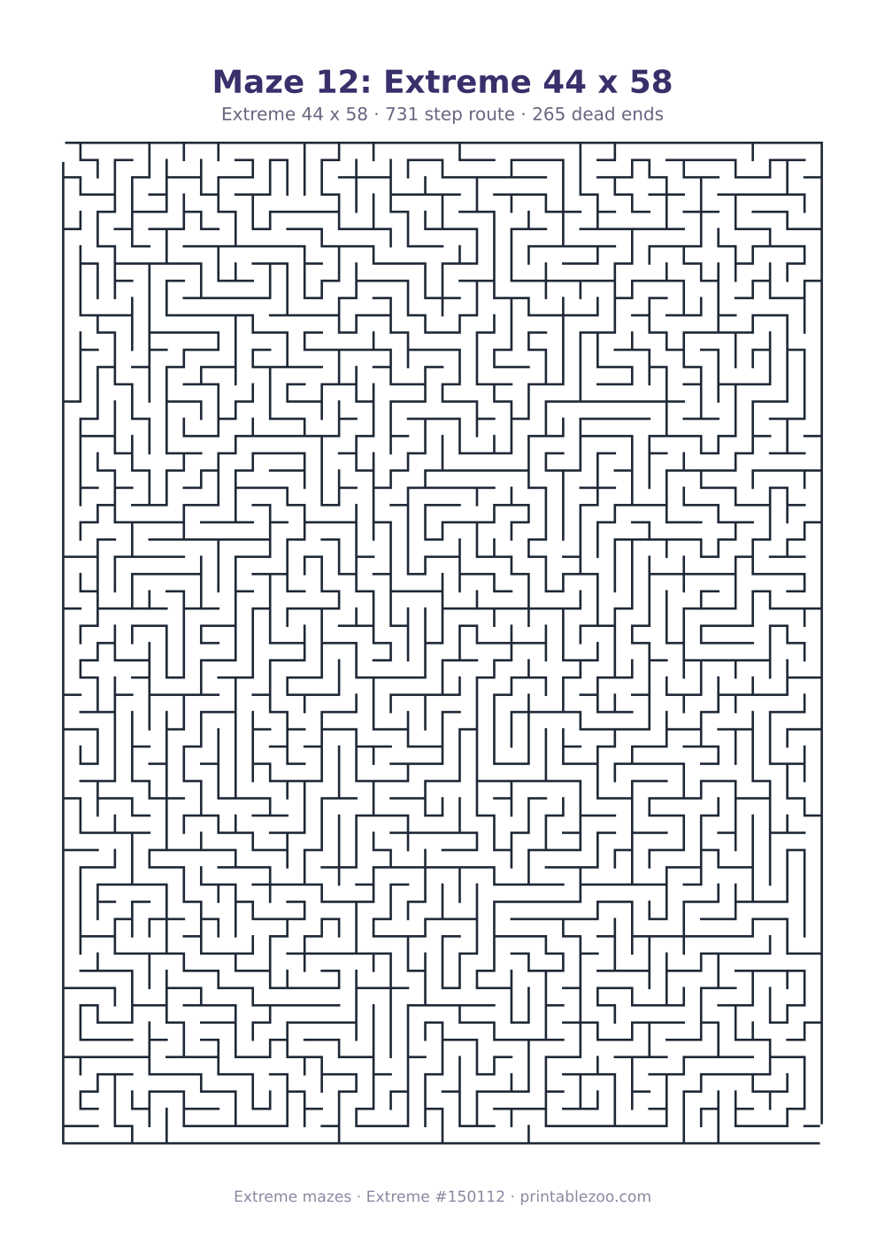 Printable extreme maze, 44x58 squares, 265 dead ends and a 731 step route