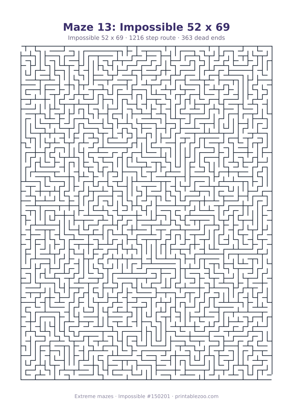 Printable impossible maze, 52x69 squares, 363 dead ends and a 1216 step route