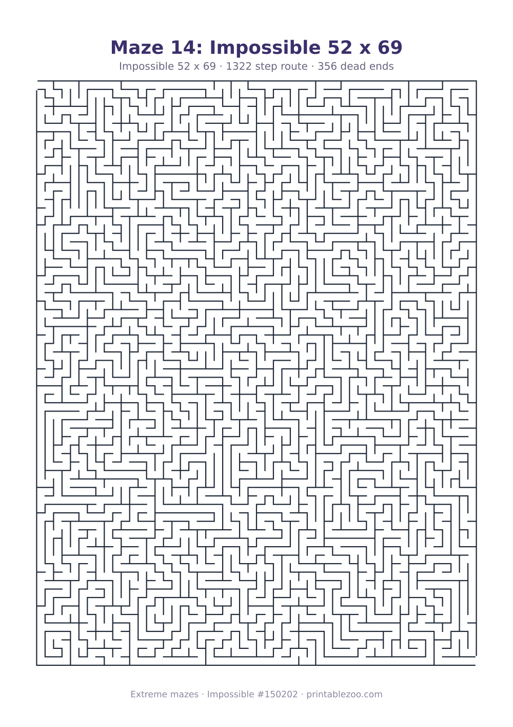Printable impossible maze, 52x69 squares, 356 dead ends and a 1322 step route