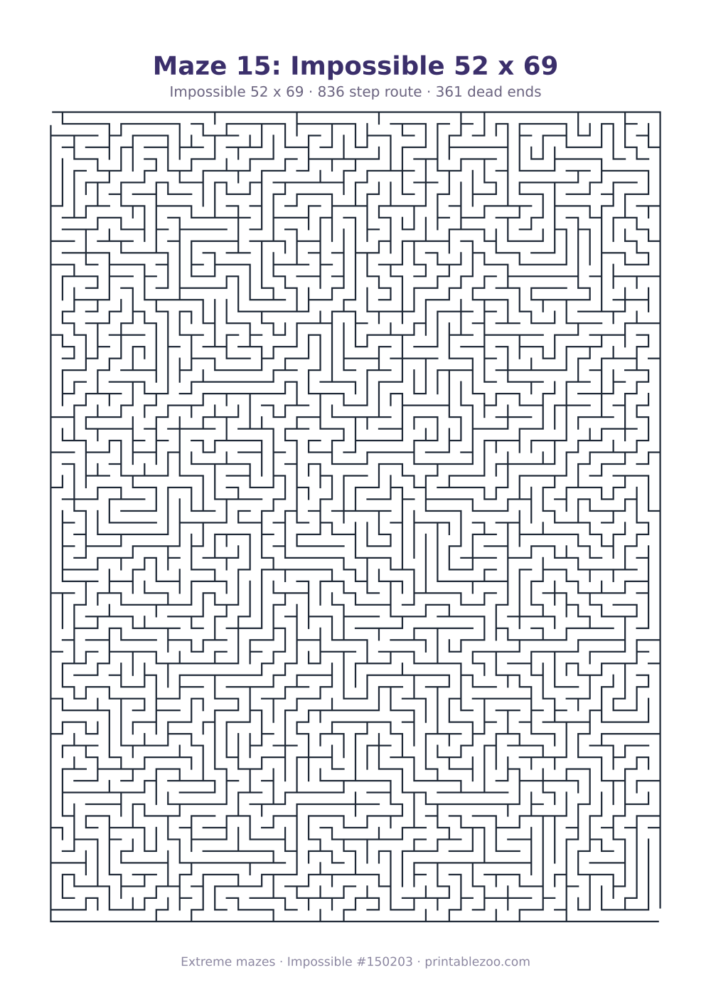 Printable impossible maze, 52x69 squares, 361 dead ends and a 836 step route