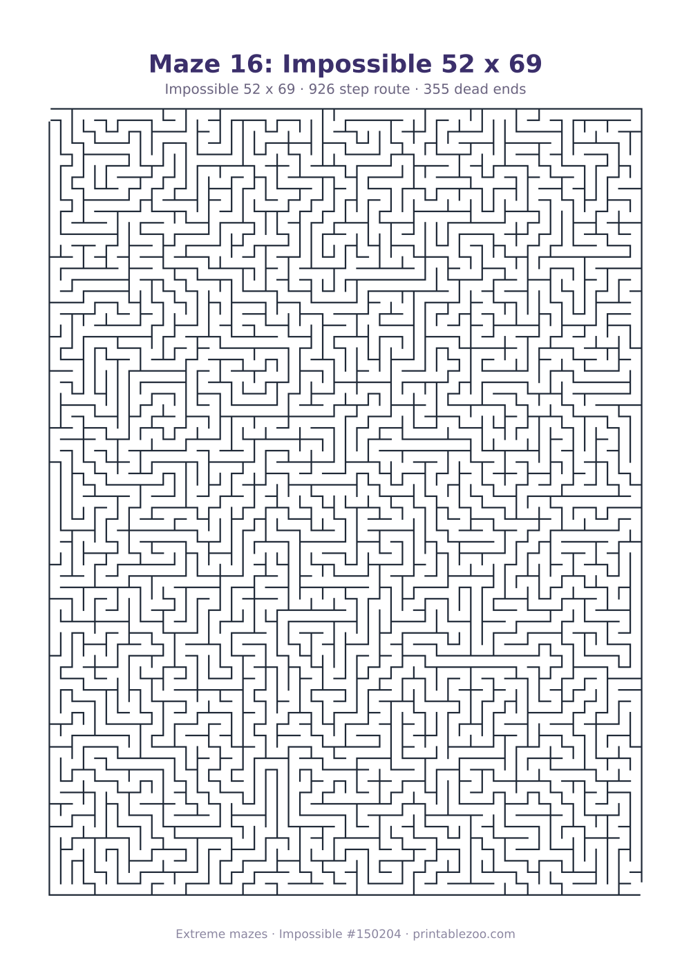 Printable impossible maze, 52x69 squares, 355 dead ends and a 926 step route