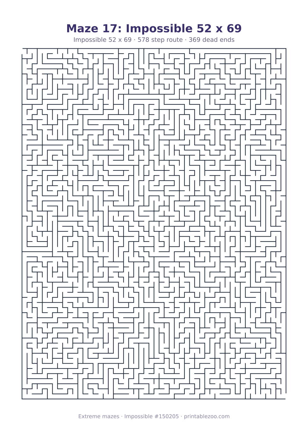 Printable impossible maze, 52x69 squares, 369 dead ends and a 578 step route