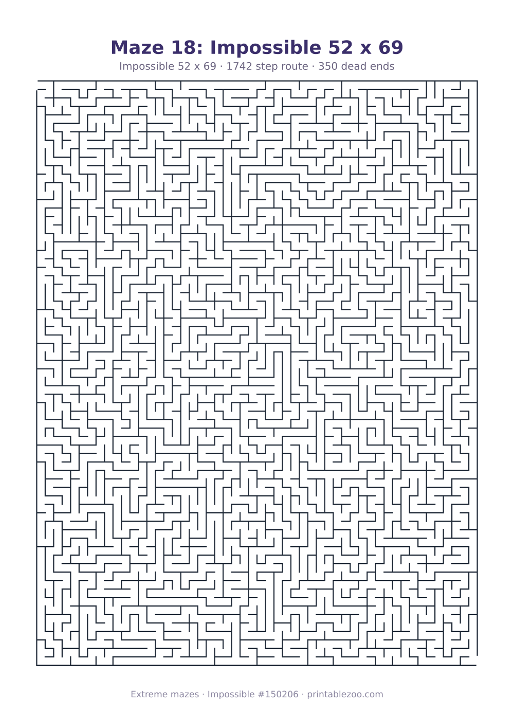 Printable impossible maze, 52x69 squares, 350 dead ends and a 1742 step route