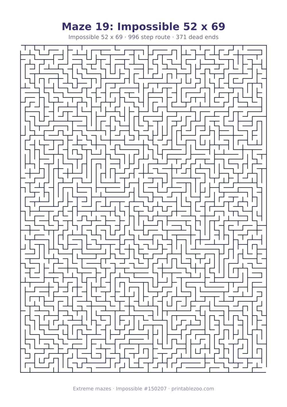 Printable impossible maze, 52x69 squares, 371 dead ends and a 996 step route