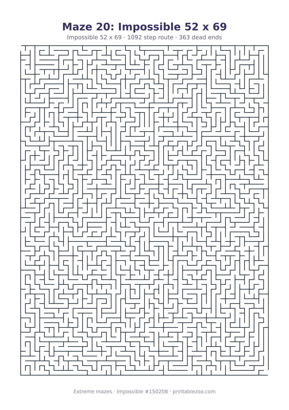 Printable impossible maze, 52x69 squares, 363 dead ends and a 1092 step route