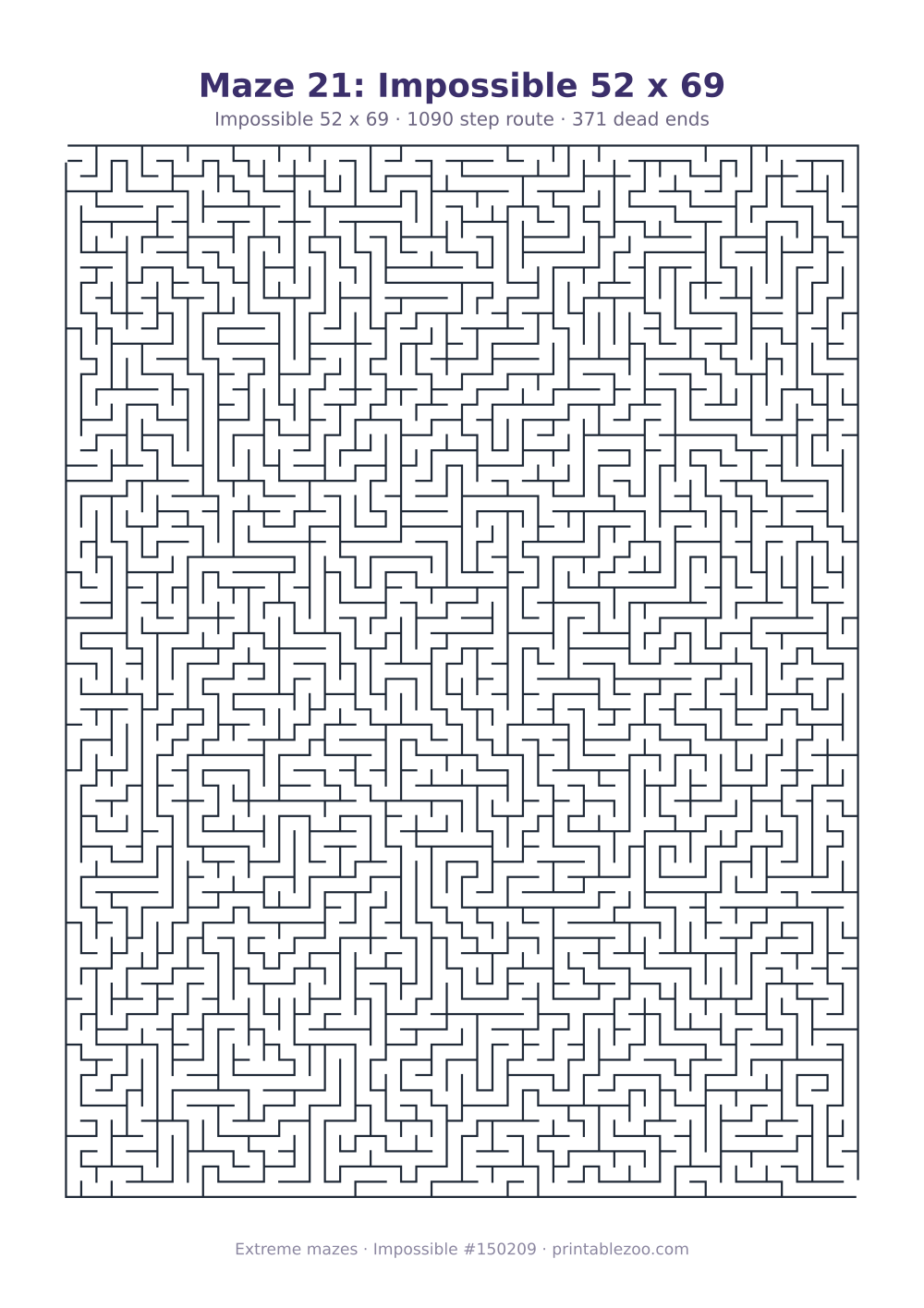 Printable impossible maze, 52x69 squares, 371 dead ends and a 1090 step route