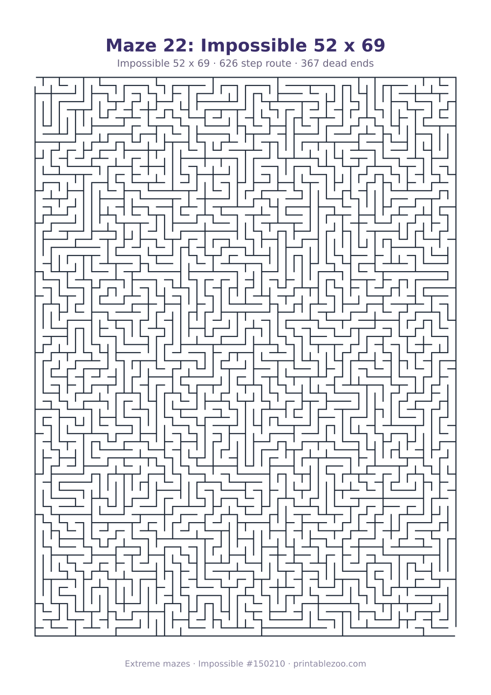 Printable impossible maze, 52x69 squares, 367 dead ends and a 626 step route