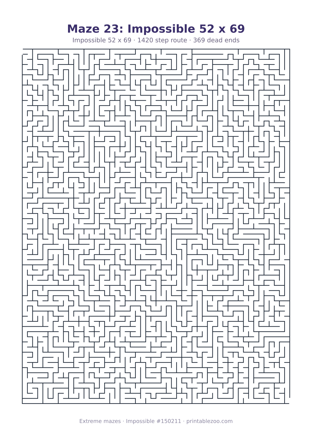 Printable impossible maze, 52x69 squares, 369 dead ends and a 1420 step route