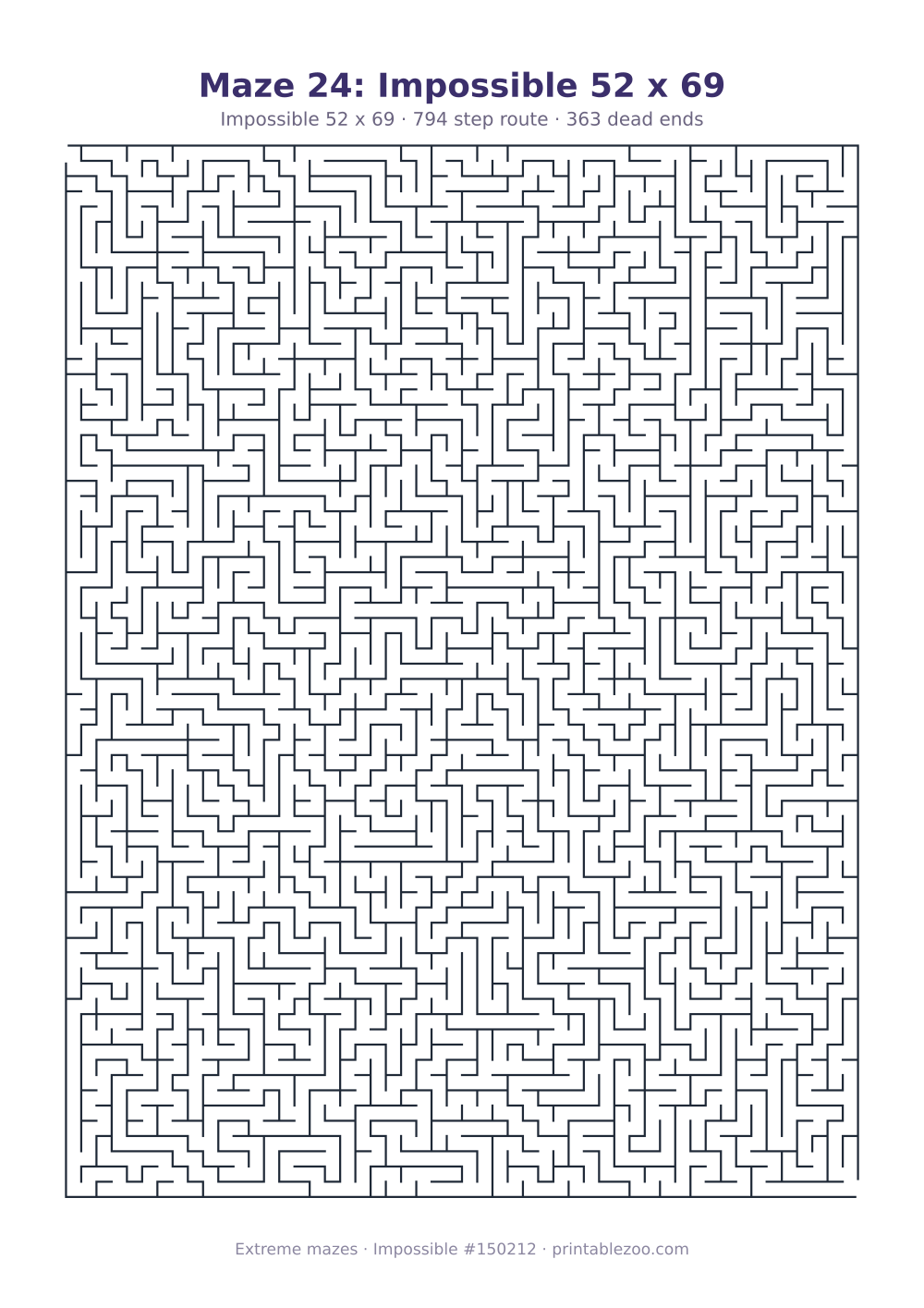 Printable impossible maze, 52x69 squares, 363 dead ends and a 794 step route