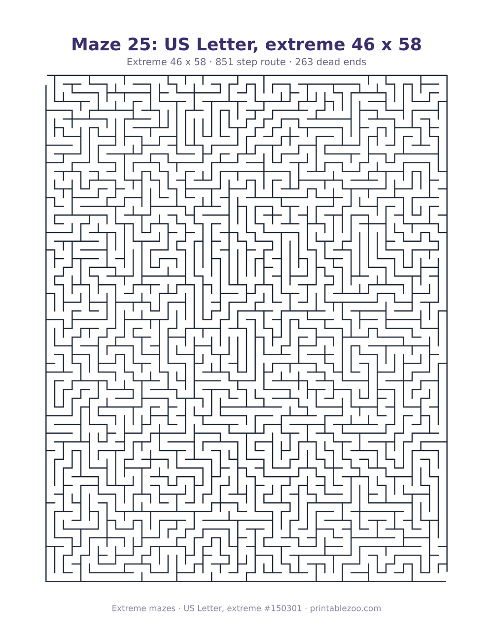 Printable extreme maze on US Letter, 46 by 58 squares and a 851 step route