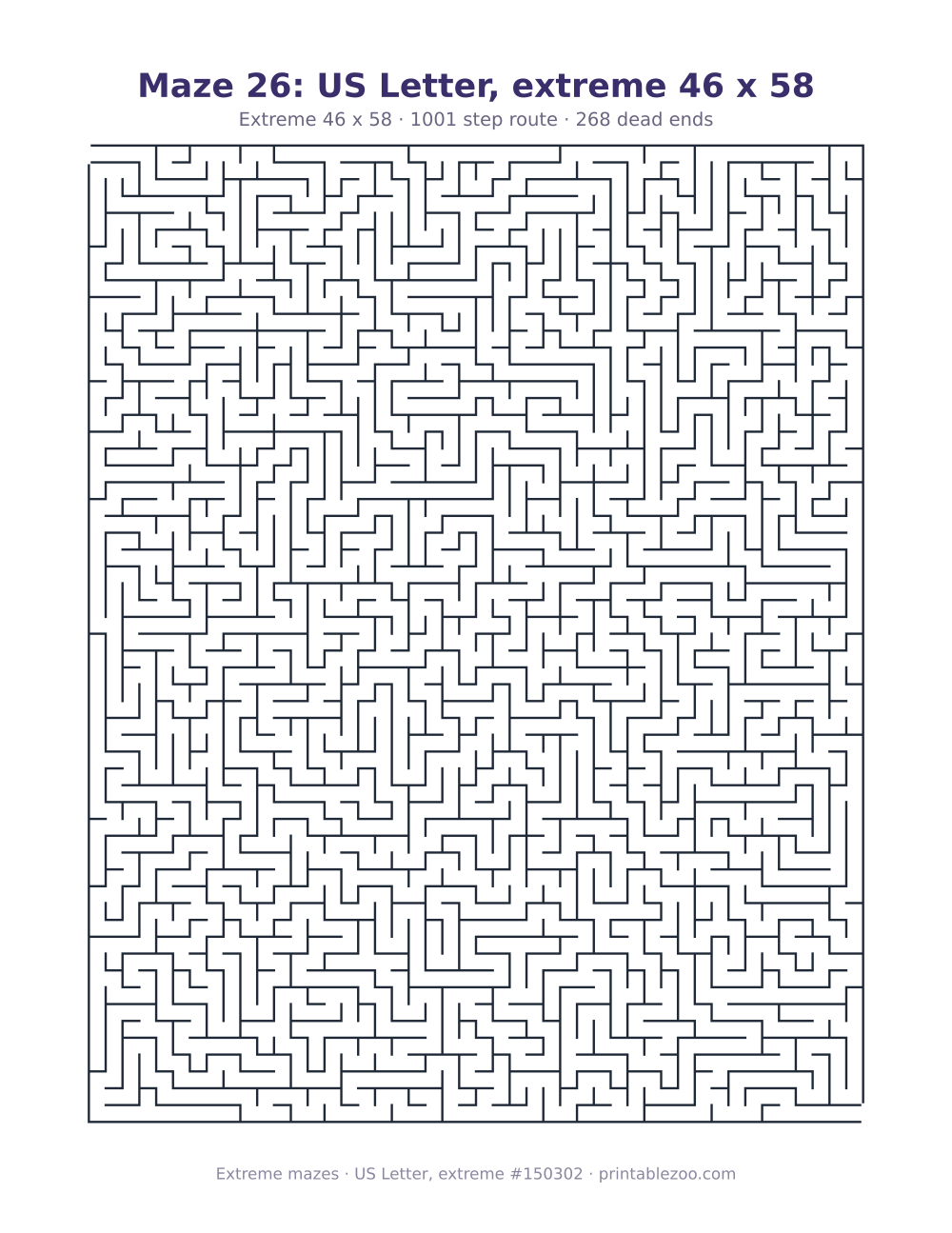 Printable extreme maze on US Letter, 46 by 58 squares and a 1001 step route