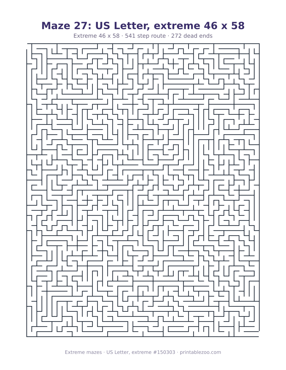 Printable extreme maze on US Letter, 46 by 58 squares and a 541 step route