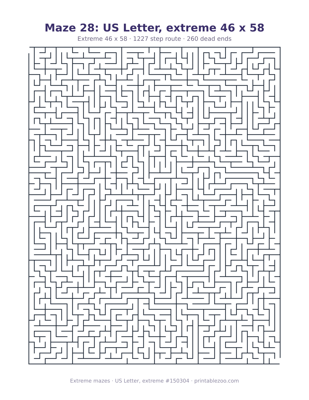 Printable extreme maze on US Letter, 46 by 58 squares and a 1227 step route