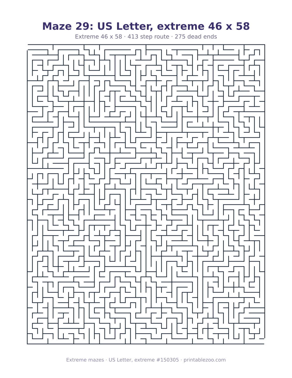 Printable extreme maze on US Letter, 46 by 58 squares and a 413 step route