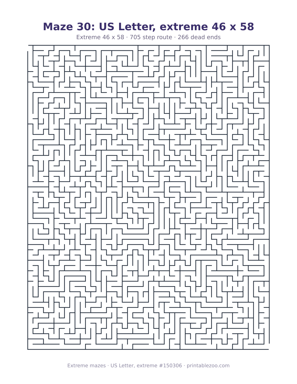 Printable extreme maze on US Letter, 46 by 58 squares and a 705 step route