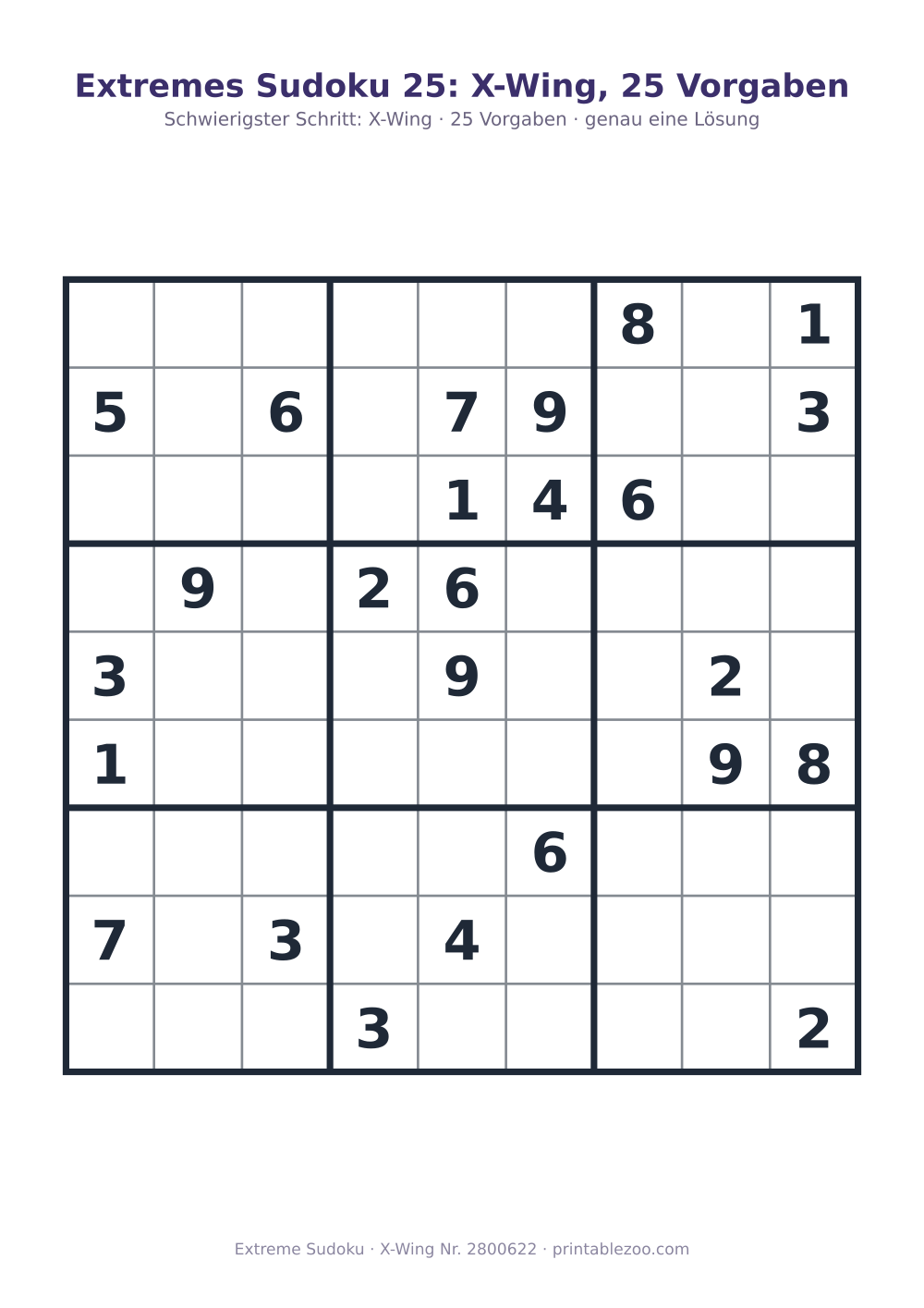Extremes Sudoku zum Ausdrucken, Stufe X-Wing, 25 Vorgaben, Rätsel 2800622
