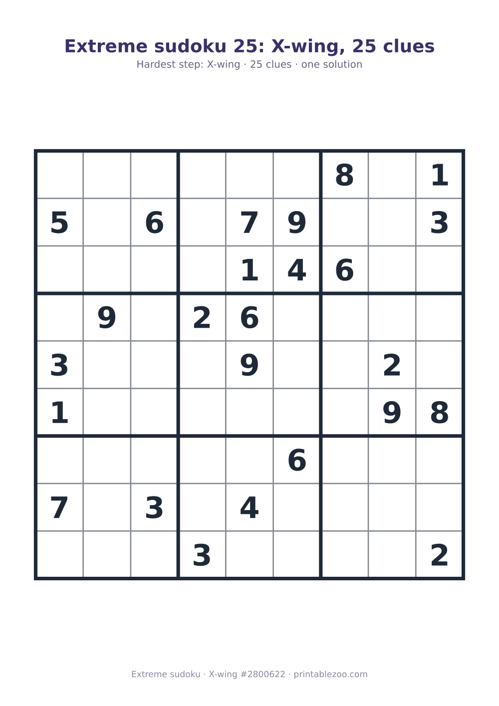 Extreme sudoku printable graded X-wing, 25 clues, puzzle 2800622