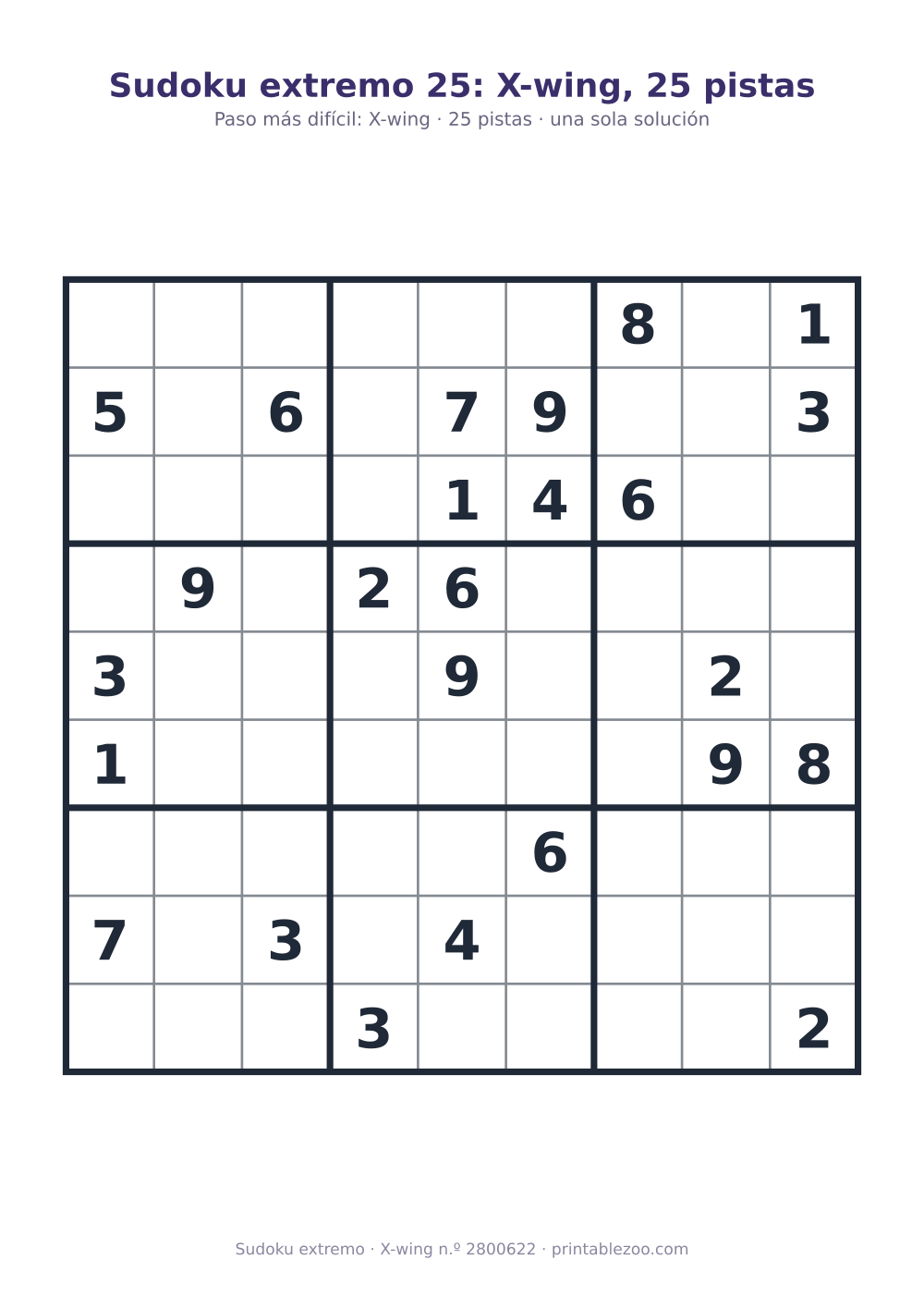 Sudoku extremo para imprimir de nivel X-wing, 25 pistas, pasatiempo 2800622
